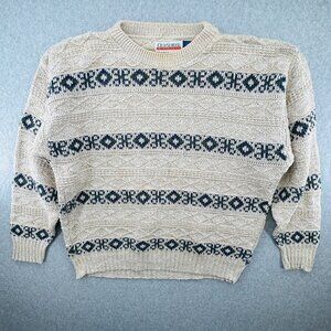 Vintage Old School Clothing Co Knit Sweater Size L Beige Blue USA Made Pullover